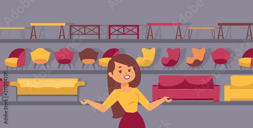 Furniture store presentation, vector illustration. Woman seller cartoon character. Modern furniture collection for living room, comfortable apartment, cozy home. Professional customer manager girl