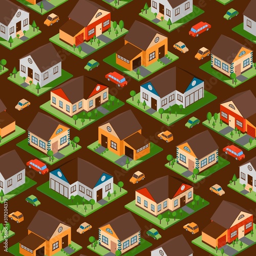Isometric houses in seamless pattern, vector illustration. Wrapping paper with town streets of residential district. Isolated isometric buildings for game design, suburb houses with lawns and cars