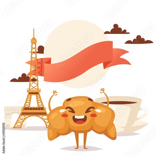 Croissant and coffee traditional French breakfast vector illustration. Cafe in Paris, menu cover template. French croissant funny cartoon character mascot. Eiffel tower landmark, travel to Europe