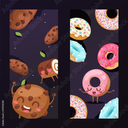 Bakery banner with funny cookie mascot cartoon character, vector illustration. Bakeshop promotion campaign, pastry products and donuts. Freshly baked sweets for cafe, vertical banner advertisement