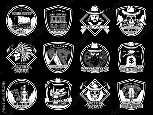 Wild West icons with vector skulls, cowboy and sheriff. American western bandits with hats, guns and saloon, texas ranger, indian chief and revolvers, horseshoe, horse lasso, saddle and wagon icons