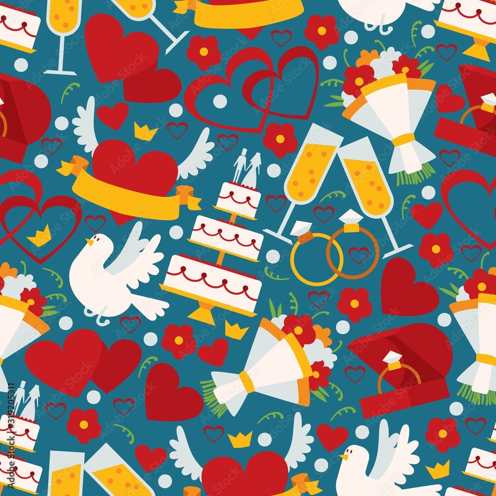 Naklejka premium Icons of wedding in seamless pattern, vector illustration. Simple isolated emblems, symbols of love and happy marriage. Wedding cake, heart, engagement ring, glass of champagne and bouquet of flowers