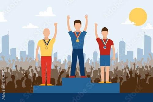 Competition winners on pedestal, vector illustration. Sport contest champions on stage with medals, win in front of cheering crowd of fans. Award winning sportsmen celebrating victory in city outdoor