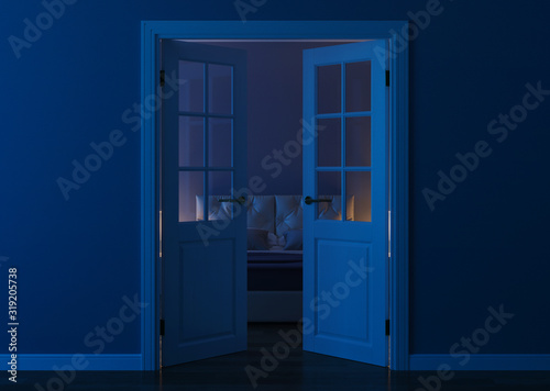 White door in the interior with a blue wall. An open doorway to the hotel bedroom. 3D rendering.