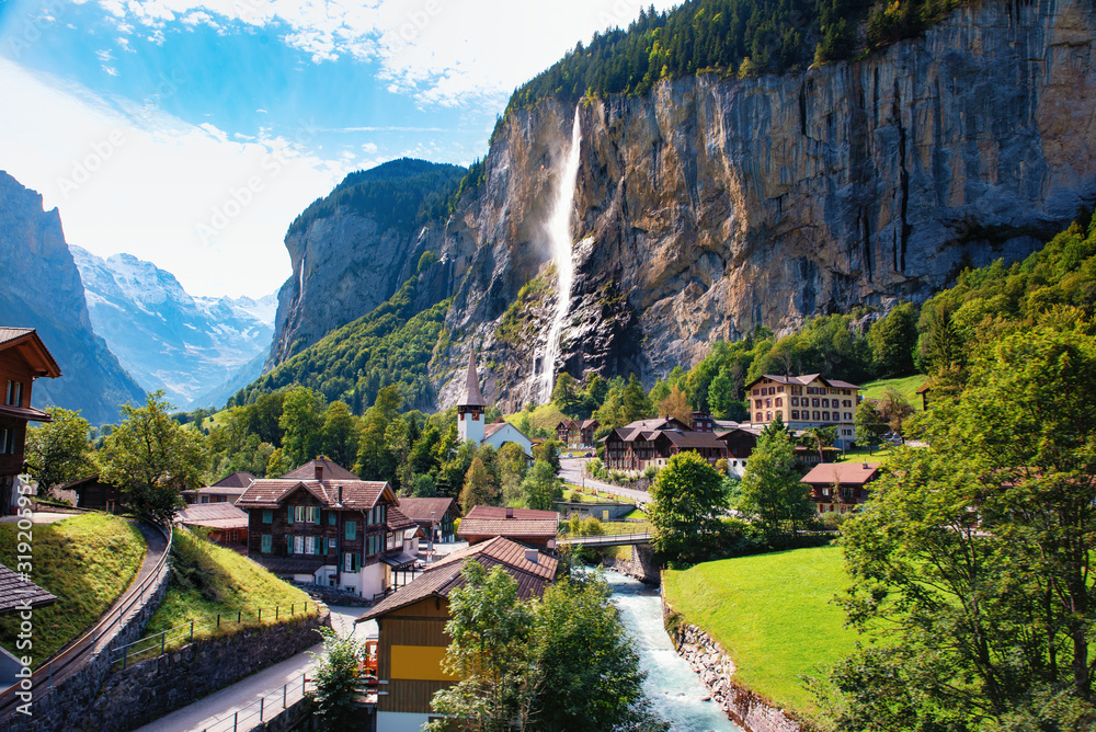 Spectacular view of Lauterbrunnen valley in a bright sunny day, Switzerland - obrazy, fototapety, plakaty 