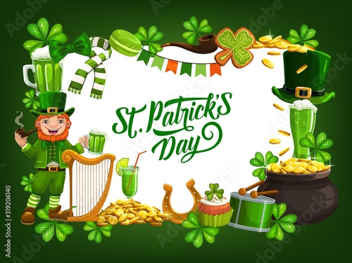 Patricks day frame of holiday attributes. Vector gingerbread shamrock, leprechaun in hat with harp, pot of gold. Cookies and green leaves, horseshoe and beer, cupcake with cocktail