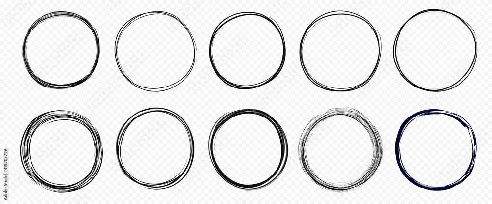 Hand drawn circle line sketch set isolated on transparent background. Vector circular scribble doodle round circles for  message and for note mark . Vector illustration - obrazy, fototapety, plakaty 
