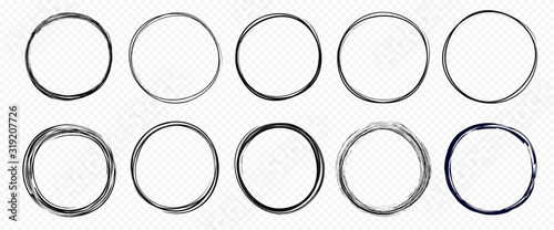 Hand drawn circle line sketch set isolated on transparent background. Vector circular scribble doodle round circles for message and for note mark . Vector illustration