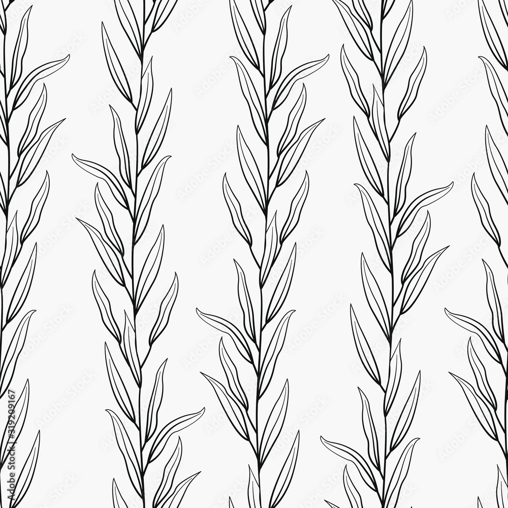 Vector seamless pattern with black vertical branches and leaves on white background; natural design for fabric, wallpaper, textile, package, web design. Vector seamless pattern with black vertical branches and leaves on white background; natural design for fabric, wallpaper, textile, package, web design.