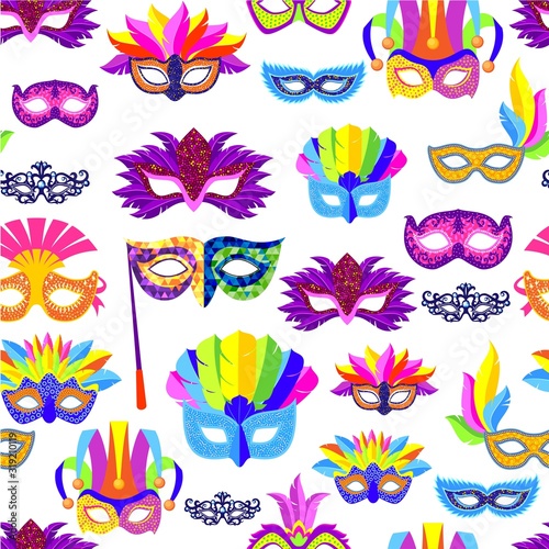 Venice carnival mask with feathers and beads cartoon seamless pattern, vector illustration. Mardi Gras festival and holiday colorful masks isolated on white backdrop.