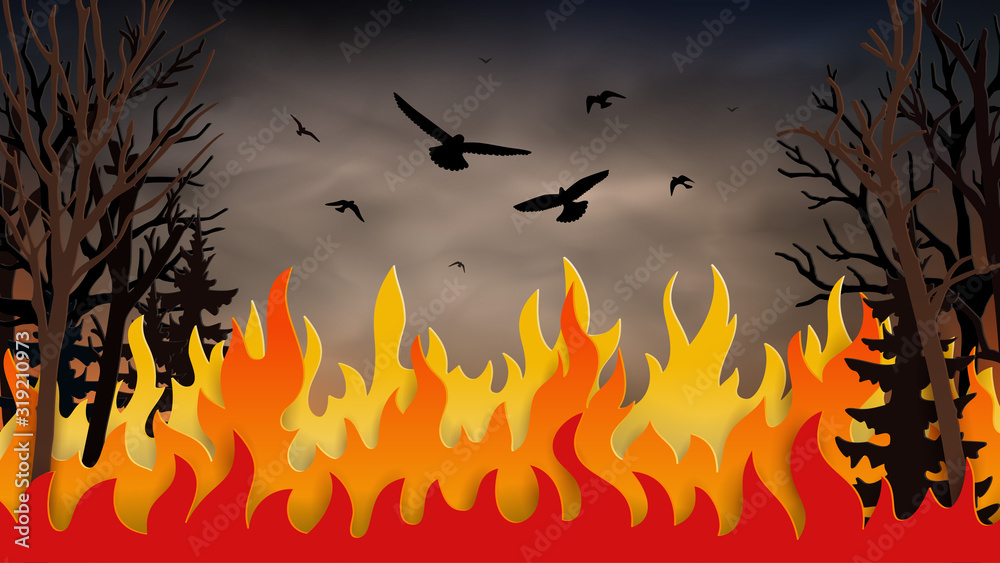 custom made wallpaper toronto digitalWildfire background. Smoke in the air, fir trees in fire, natural disaster. Birds flying away from flame of burning forest trees. Vector Illustration.