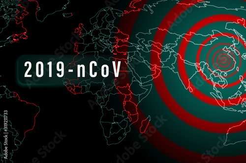 COVID-19 Coronavirus 2019-nCoV epidemic in the World. World map with diagram rings of epidemic starting from China as a virus center outbreak