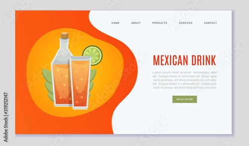 Mexican drinks and alcohol pub web template on mexica orange colors vector illustration. Mexican club with alcoholic drinks in mexican style website.