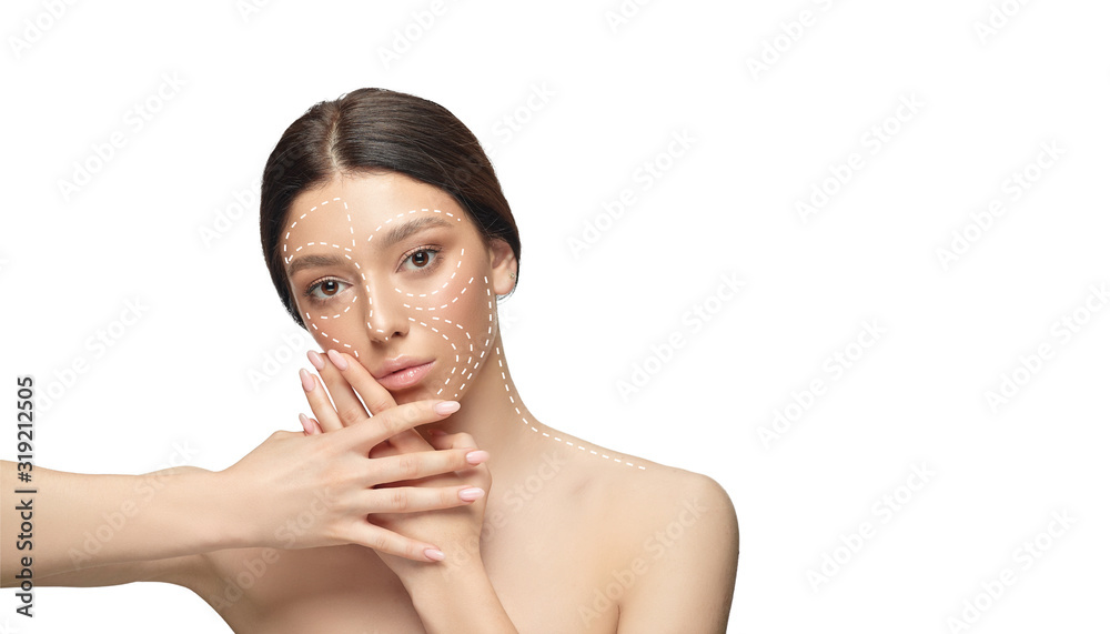 Beautiful female face with lifting up arrows isolated on white background. Concept of bodycare, cosmetics, skincare, correction surgery, beauty and perfect skin. Flyer for your ad. Antiaging. Beautiful female face with lifting up arrows isolated on white background. Concept of bodycare, cosmetics, skincare, correction surgery, beauty and perfect skin. Flyer for your ad. Antiaging.