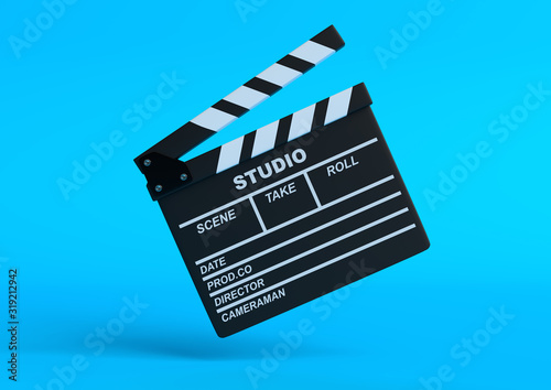 Flying сlapperboard isolated on bright blue background in pastel colors. Minimalist creative concept. Cinema, movie, entertainment concept. 3d render illustration