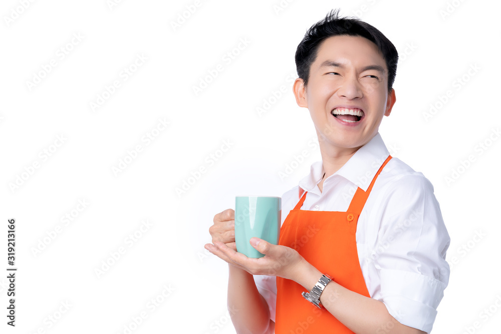 business owner communication ideas concept with asian attractive male orange apron hand hold color hot drink smile and happiness hand gesture pose  joyful moment