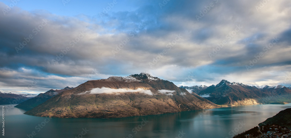 Queenstown New Zealand. Mountains. Clouds. Snow. Aerial.. Lake Wakatipu