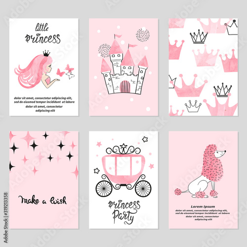 Baby shower card set. Watercolor invitation cards design for baby shower party. Little princess illustration.