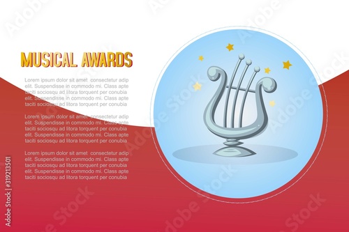 Cartoon music award harp statuette entertainment for winner or top artist musician achievement prize vector illustration banner. Musical award prize banner.