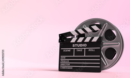 Film reel with clapperboard isolated on bright pink background in pastel colors. Minimalist creative concept. Cinema, movie, entertainment concept. 3d render illustration photo