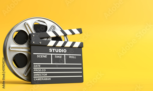 Photo Film reel with clapperboard isolated on bright yellow background in pastel colors