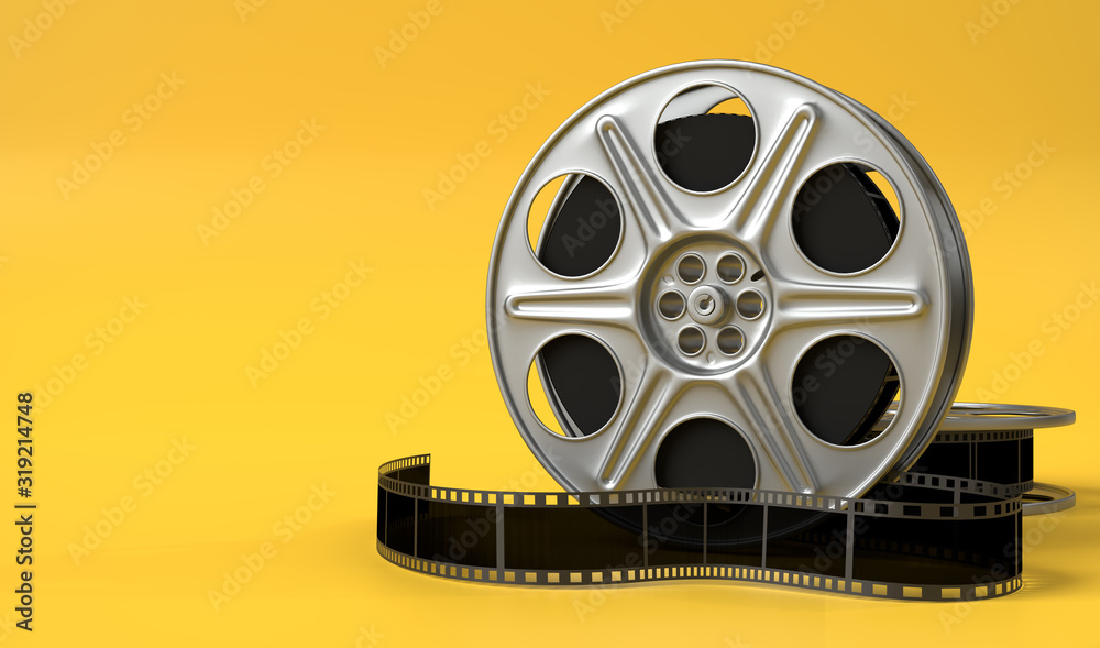 Film reel isolated on bright yellow background in pastel colors. Minimalist creative concept. Cinema, movie, entertainment concept. 3d render illustration