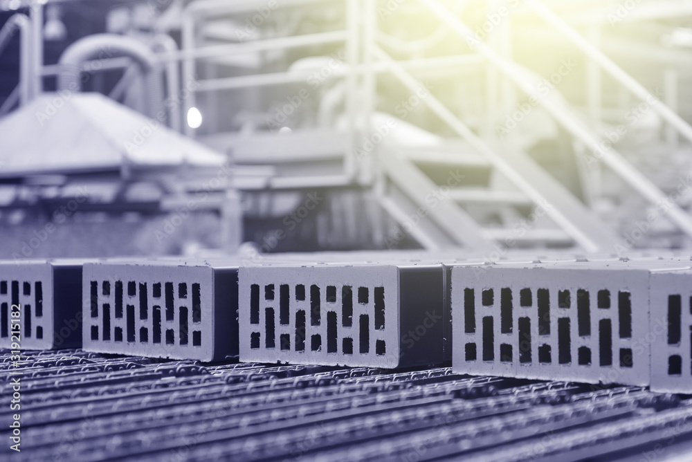 Brick production. New bricks on a conveyor belt at a brick factory. Text space Brick production. New bricks on a conveyor belt at a brick factory. Text space