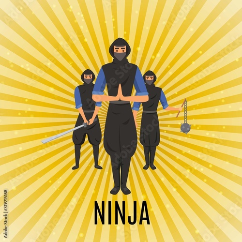 Ninja assassin movement and fighting skills with Japanese weapon sword and shuriken to attack vector cartoon illustration. Ninja warriors with weapon on yellow vintage background .
