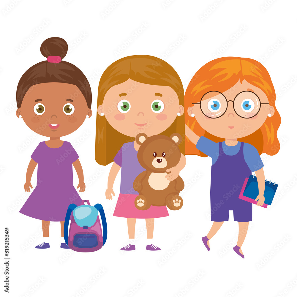 group of little girls with teddy bear and icons vector illustration design