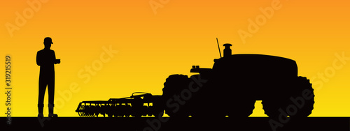 A farmer with digital tablet controls an autonomous tractor. Silhouettes. Vector illustration