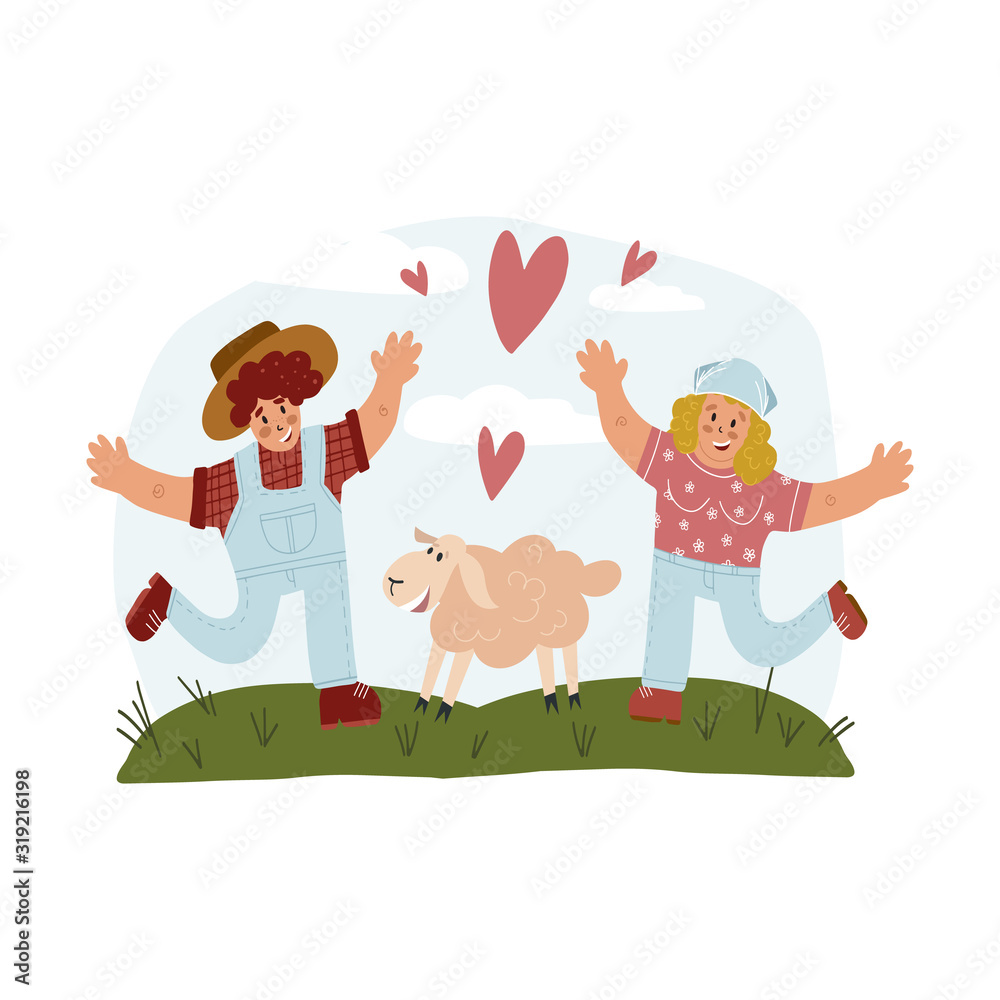 An idealistic rural landscape with farmer and his wife run to a cute smiling sheep. Flat vector illustration for your design. An idealistic rural landscape with farmer and his wife run to a cute smiling sheep. Flat vector illustration for your design.