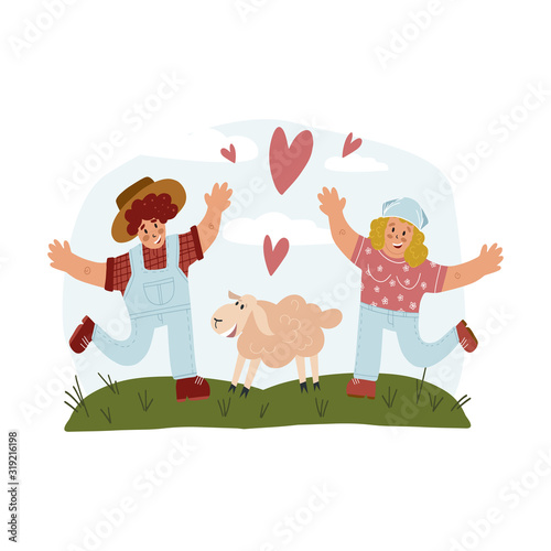 An idealistic rural landscape with farmer and his wife run to a cute smiling sheep. Flat vector illustration for your design. © Bubble beanie
