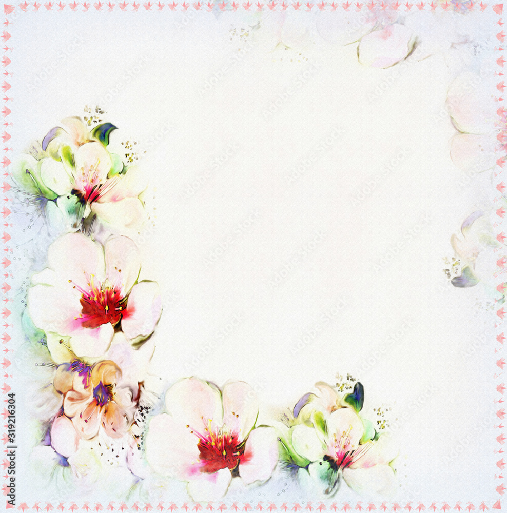 Greeting light vintage card with bright spring flowers, frame, copy space