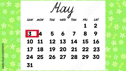 calendar for may.the days of the month change in turn.animated video.