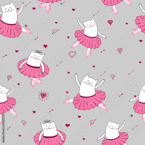 Seamless pattern with cute cartoon kittens ballet dancer. Funny animal character in tutu skirt and pointes. Ideal for textile, wrapping, wallpaper.