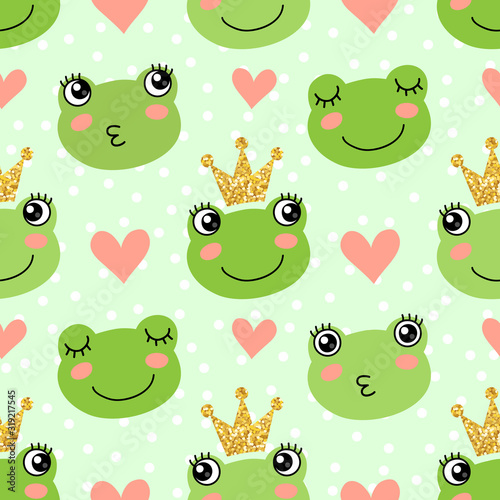 Seamless pattern with cute frogs and crowns
