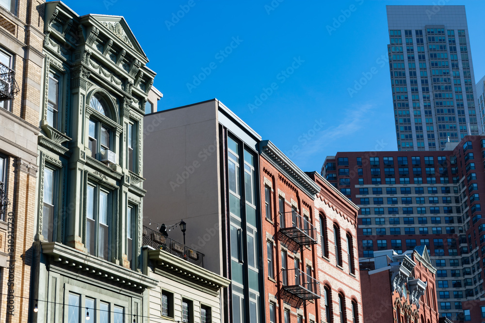 Old Buildings in the Historic Downtown of Jersey City with Modern Skyscrapers in the background