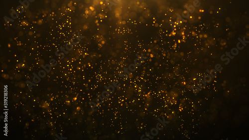 golden particles shining stars dust bokeh glitter awards dust abstract background. Futuristic glittering in space on black background.	