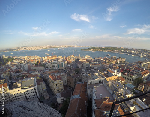 Bosphorus strait view from above Galata tower in Turkey, city buildings bellow photo