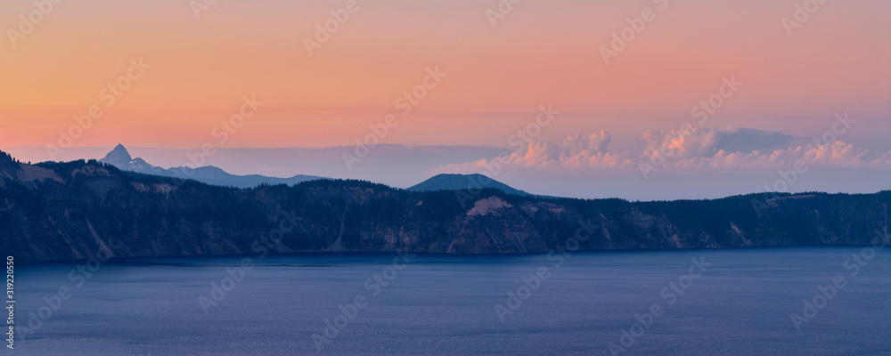 Panoramic view after sunset over the Crater Lake in central Oregon.