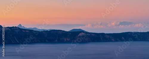 Panoramic view after sunset over the Crater Lake in central Oregon.