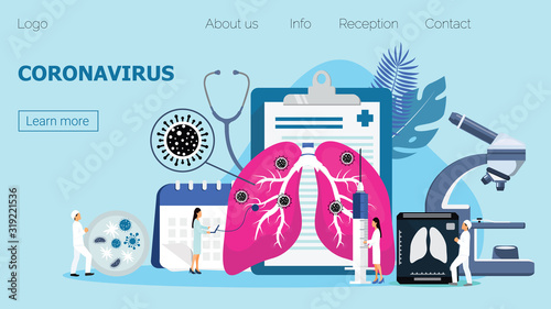 Coronavirus concept vector for landing page, banner, poster. Tiny doctors treat patient. Stop CoV sign. Resuscitation, lung ventilation to save an infected man. Pandemic situation, science