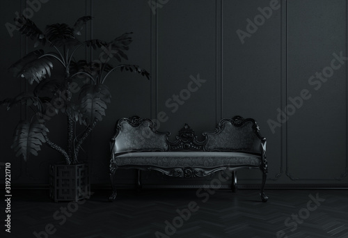 Minimal black classic interior front view room. Luxury armchair sofa and potted plant black minimalist style mock up concept. Toned black interior floor parquet room.