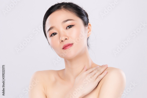 Portrait beautiful young asian woman clean fresh bare skin concept. Asian girl beauty face skincare and health wellness, Facial treatment, Perfect skin, Natural makeup, on white background,two