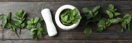 Mortar, pestle and mint on wooden background, top view