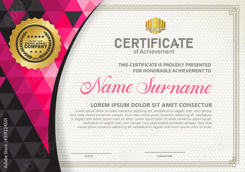 Horizontal certificate template with triangle geometric polygonal frame and modern pattern background. vector illustration