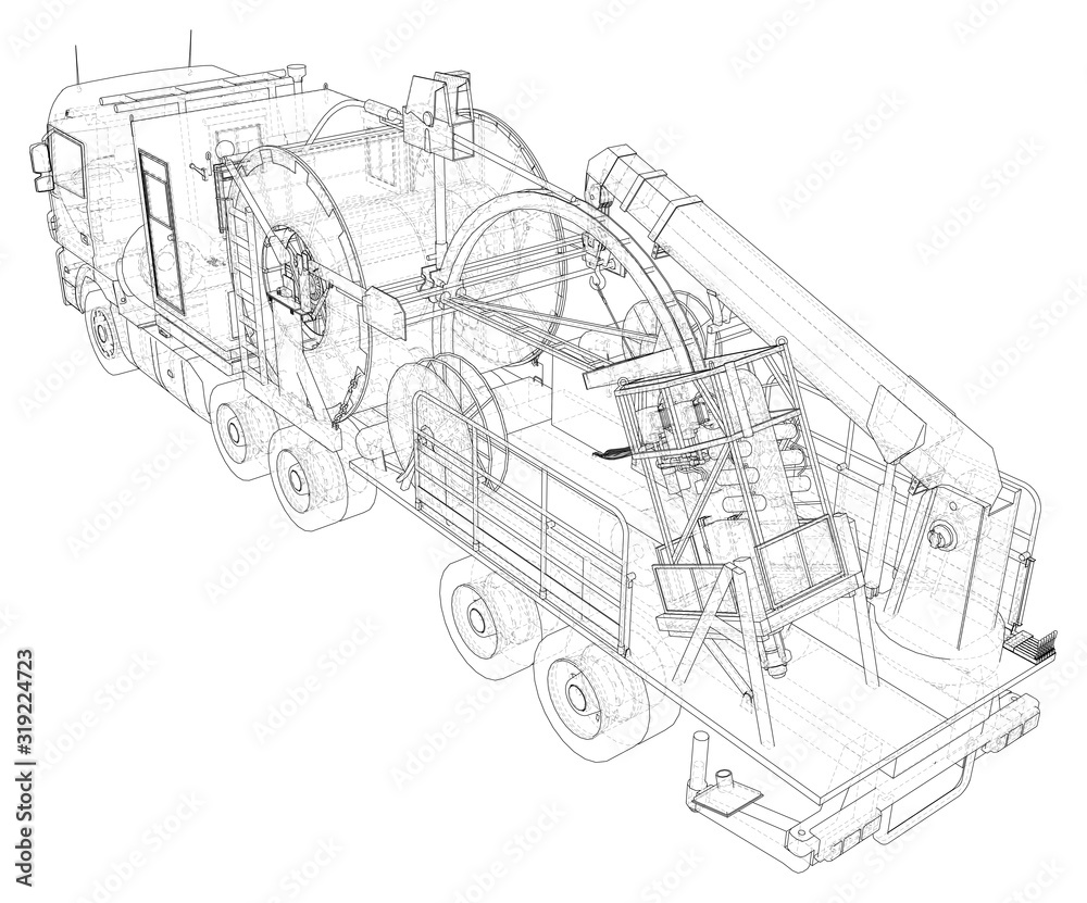 Fototapeta premium Coiled tubing unit machine. The layers of visible and invisible lines are separated. EPS10 format. Wire-frame.
