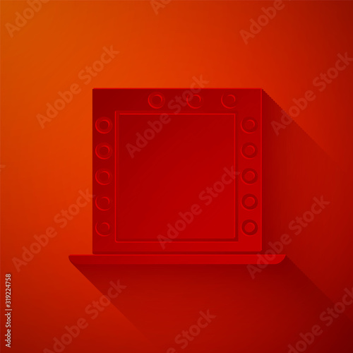 Paper cut Makeup mirror with lights icon isolated on red background. Paper art style. Vector Illustration