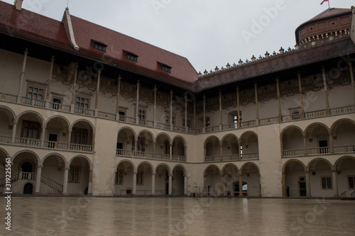  The most famous Polish Royal Cracow Wawel Castle on Christmas Day in rainy weather.