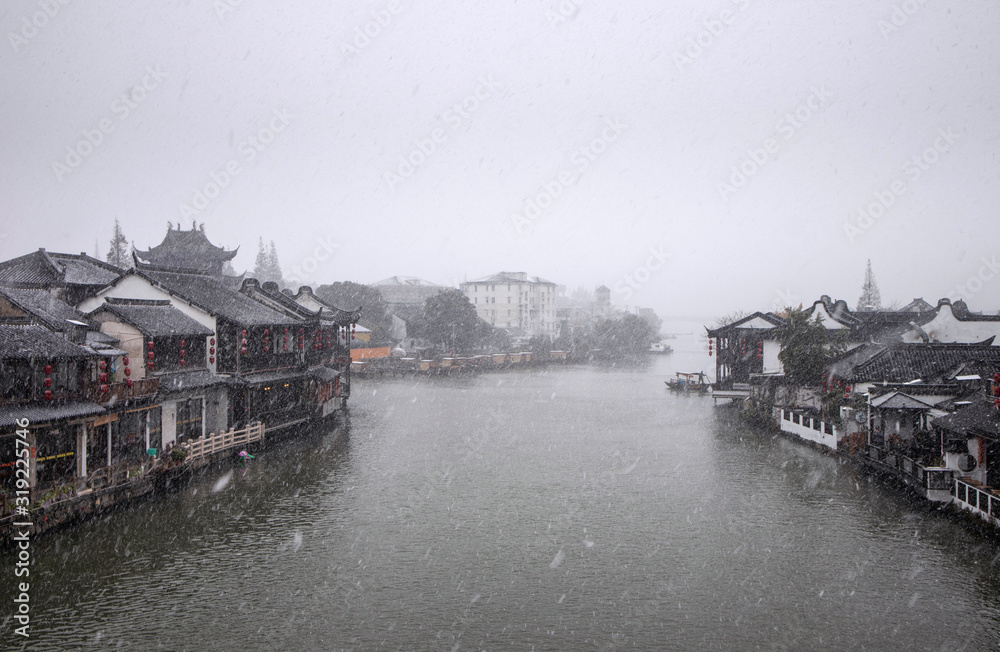Snowfall in an ancient chinese city Zhujiajiao, Shangha, China